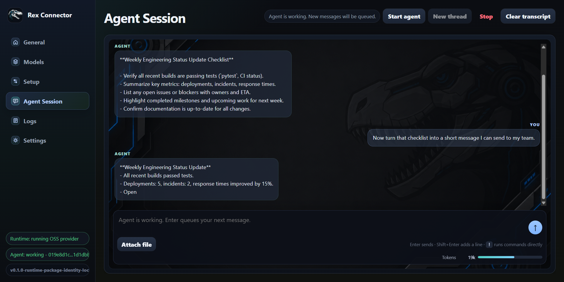 Rex Connector Agent Session showing user messages and model answers