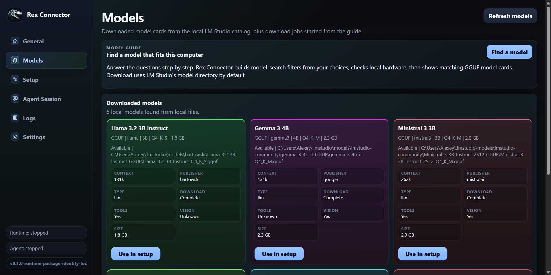 Rex Connector Models page showing local model cards and setup controls